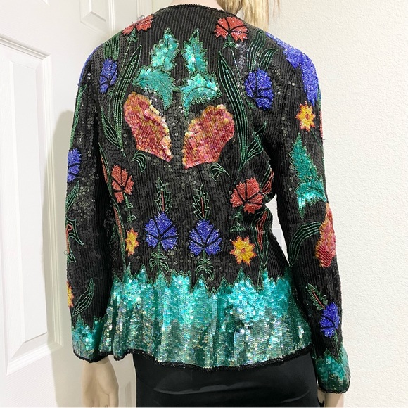 Vintage 80’s 90’s Abstract Floral Print Fully Beaded Sequined Blazer Jacket M - Picture 6 of 16